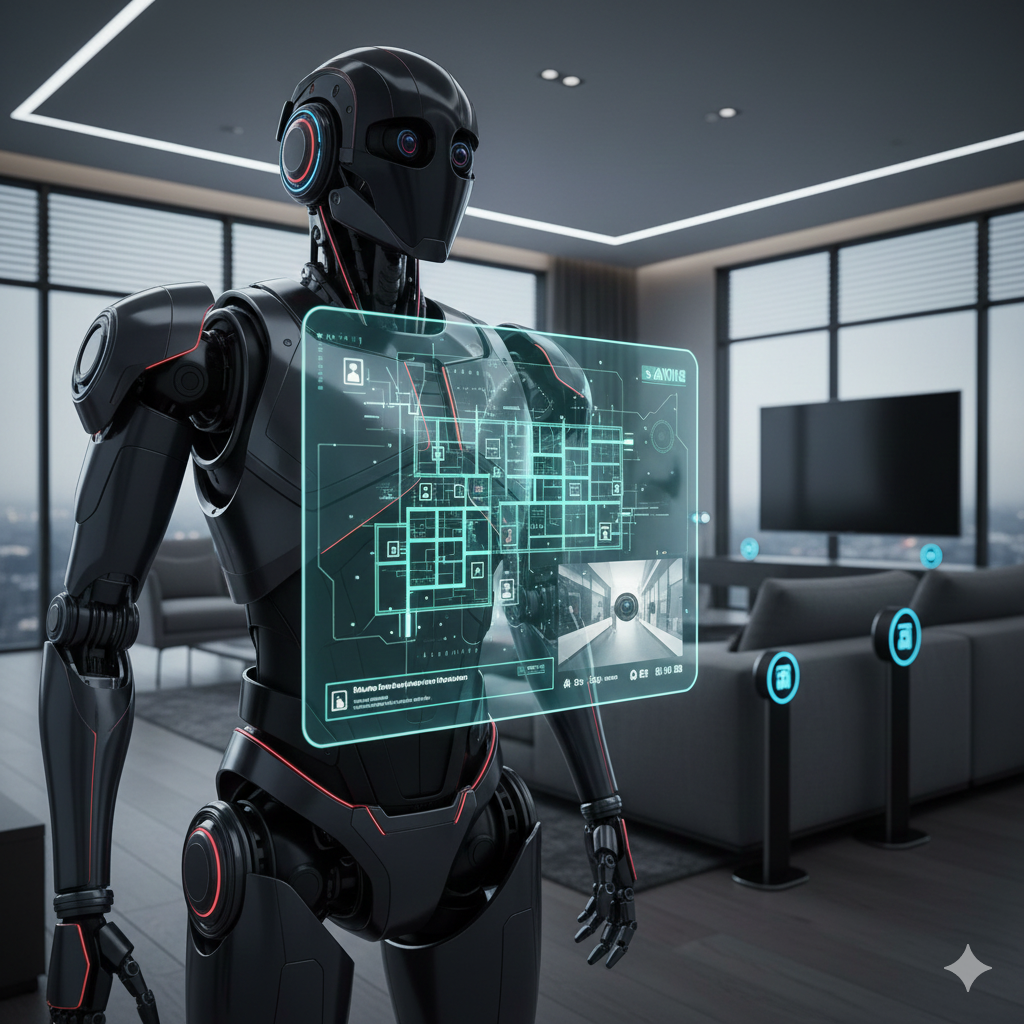 ai security robot monitoring a smart home interior