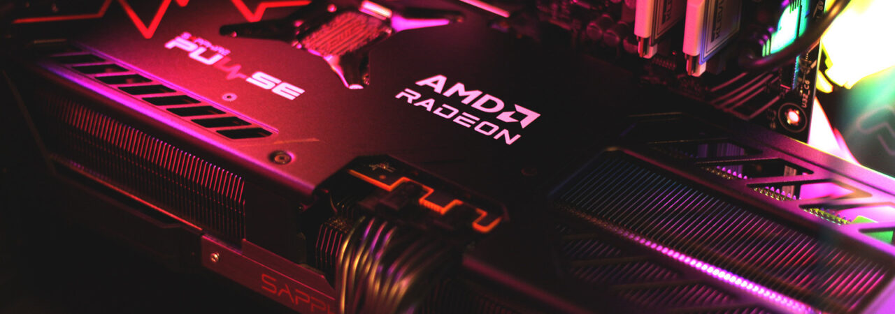 amd radeon 2025 gpus lineup on a dark red themed background