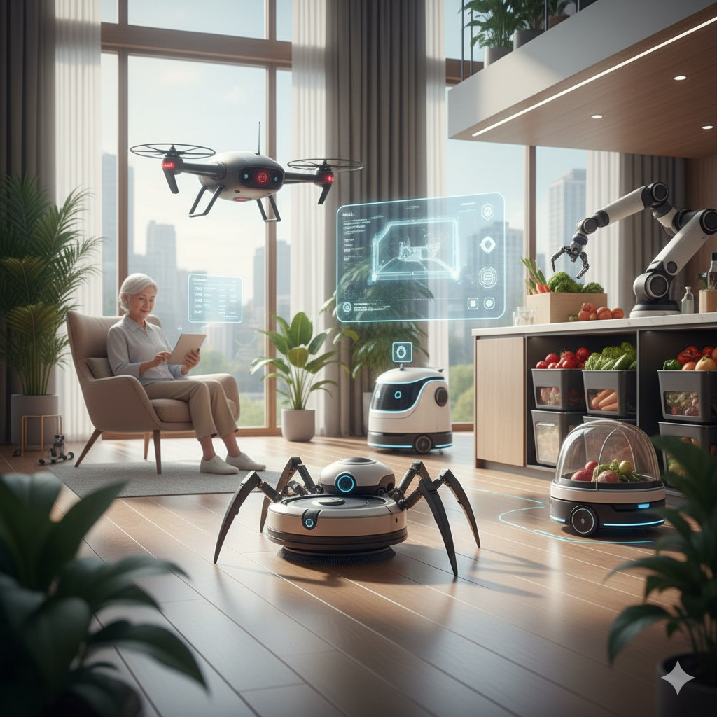 different ai home robots performing tasks around the house