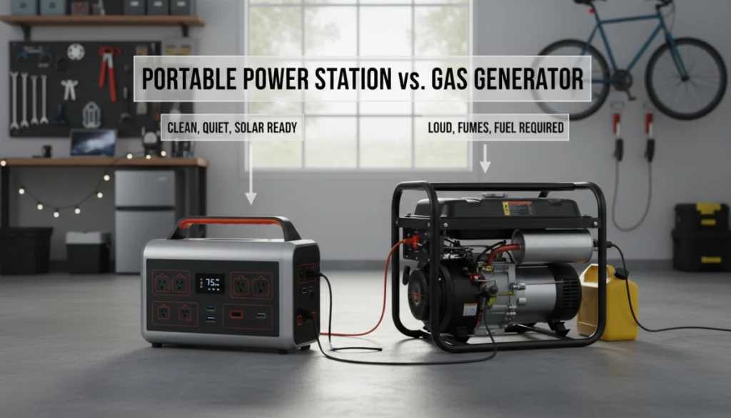 Portable Power Stations Review: Are Battery Generators Replacing Gas Generators in American Homes? gas generator vs portable power station noise and emissions comparison