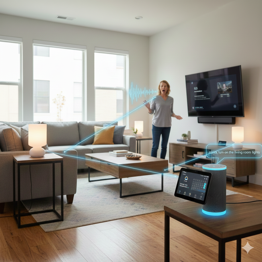 person using voice command to control multiple devices