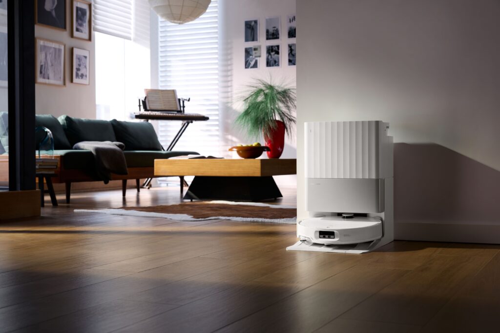 roborock qrevo robot vacuum and mop system in modern living room