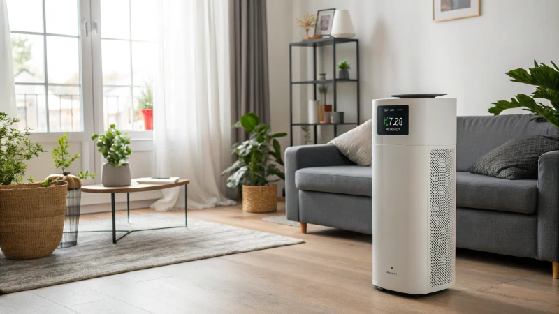 smart dehumidifier with air quality sensor in modern living room 1