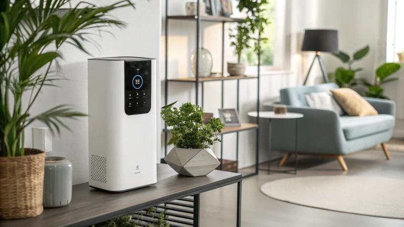 smart dehumidifier with air quality sensor in modern living room