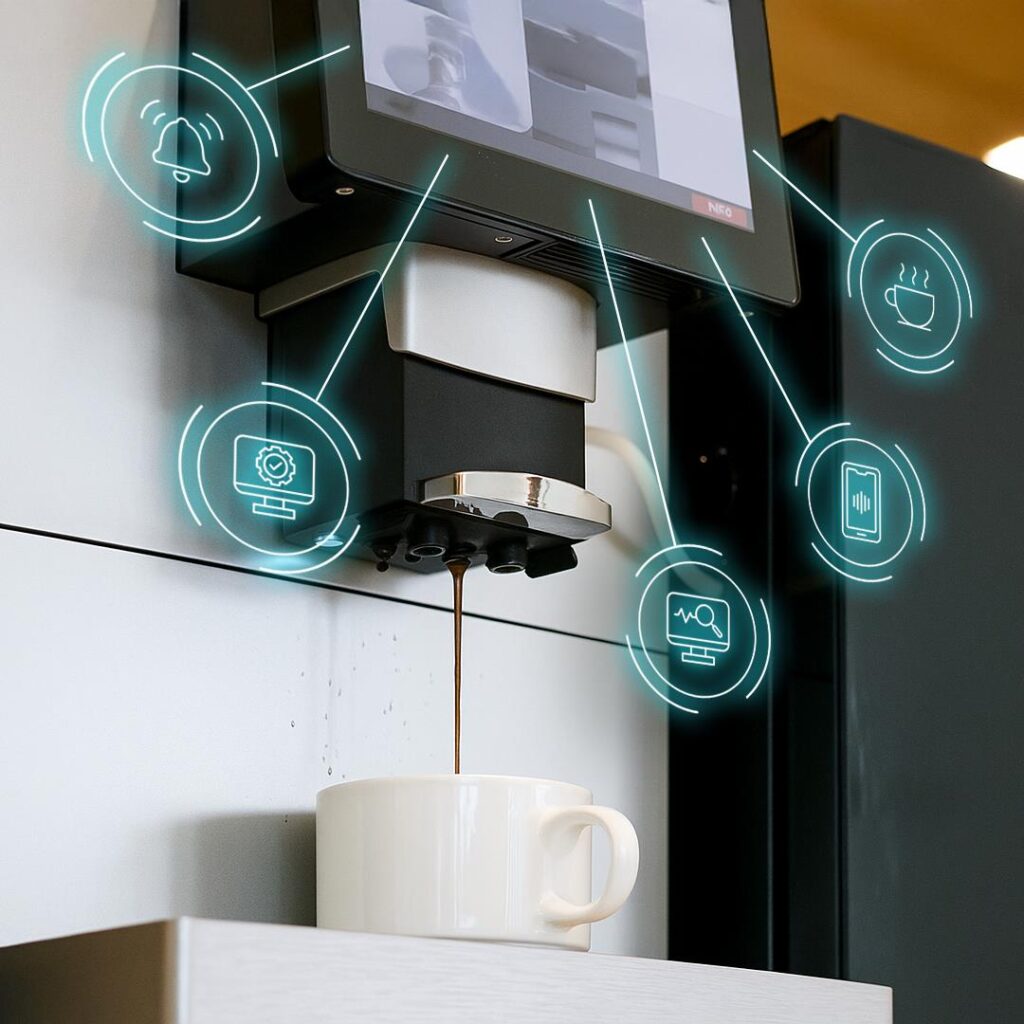 smart espresso machine with touchscreen and ai brewing interface on a kitchen counter