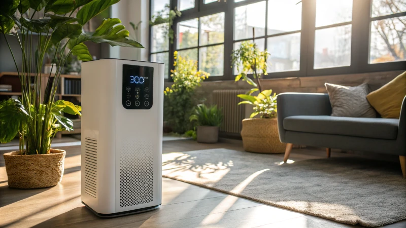 smart indoor air purifier with digital display operating in modern living room