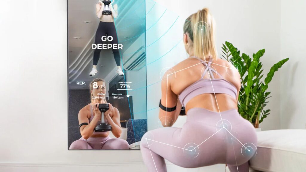 ai smart mirror displaying real time posture analysis during workout