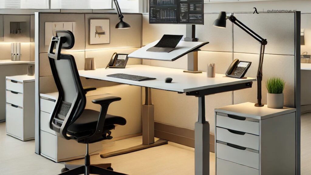modern home office with ai standing desk converter in standing position